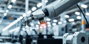 Robotic arm assembling a product on an efficient factory line.